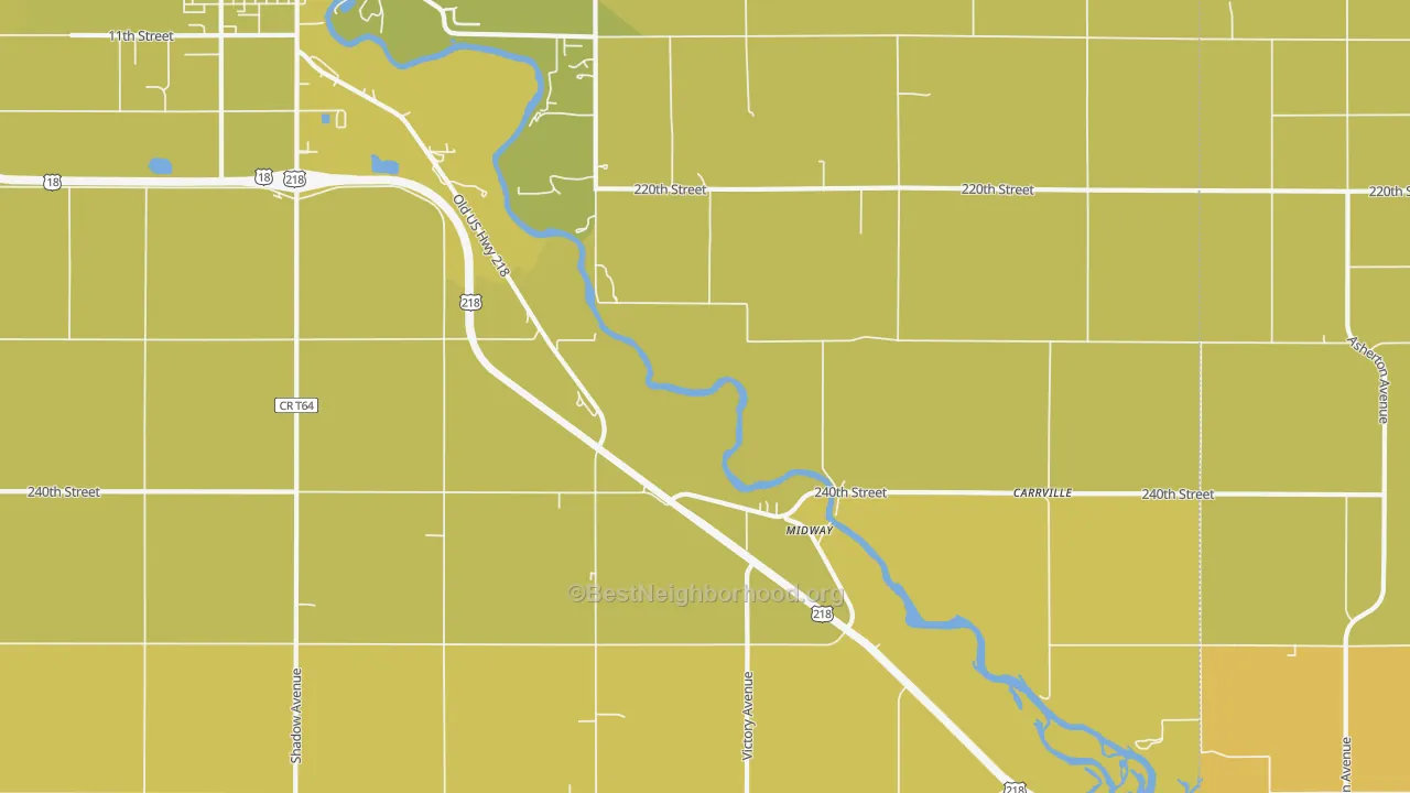 Map of the best neighborhoods in the Midway area, with better matches in green and worse matches in red