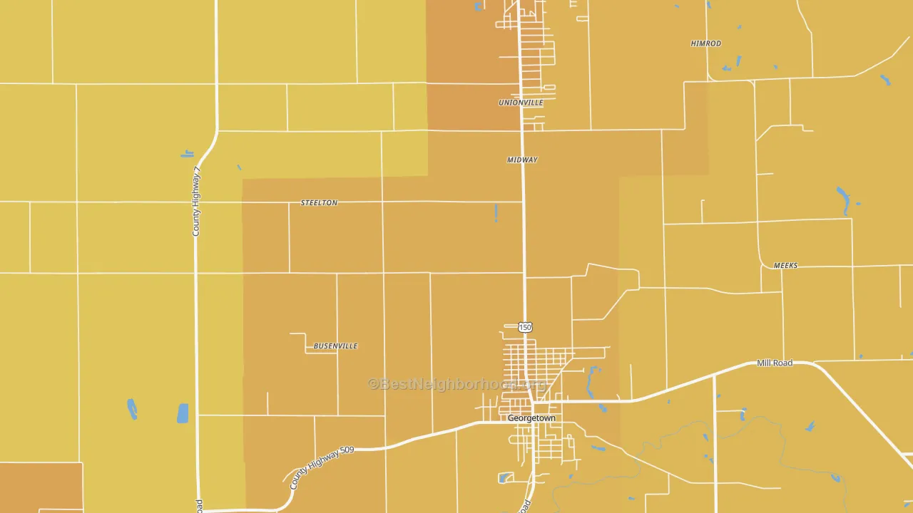 Map of the best neighborhoods in the Midway area, with better matches in green and worse matches in red