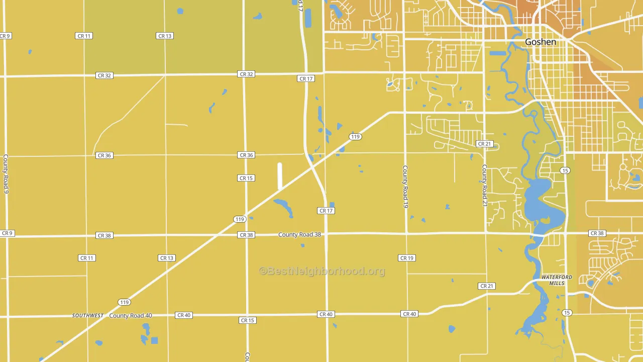 Map of the best neighborhoods in the Midway area, with better matches in green and worse matches in red