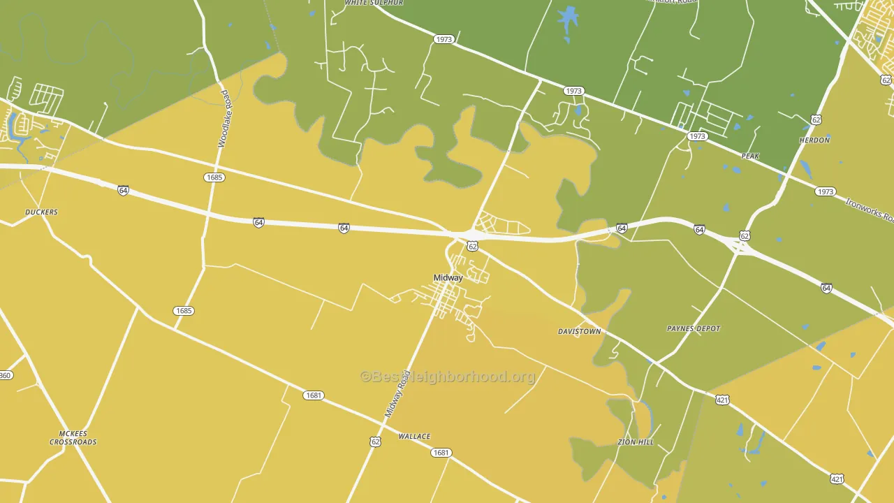 Map of the best neighborhoods in the Midway area, with better matches in green and worse matches in red