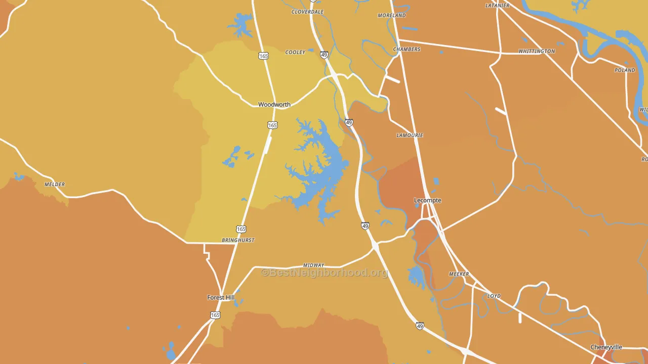 Map of the best neighborhoods in the Midway area, with better matches in green and worse matches in red