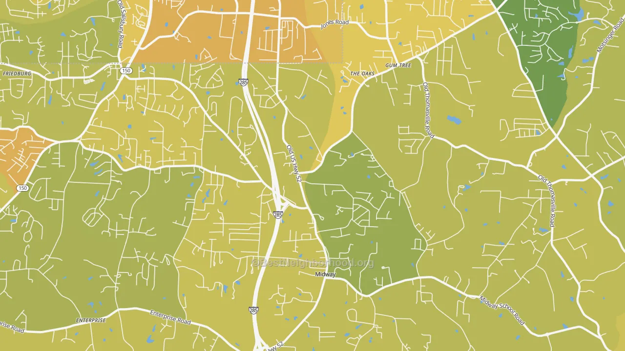 Map of the best neighborhoods in the Midway area, with better matches in green and worse matches in red