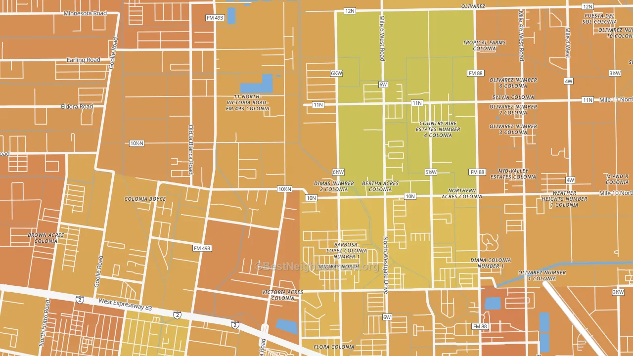 Map of the best neighborhoods in the Midway North area, with better matches in green and worse matches in red