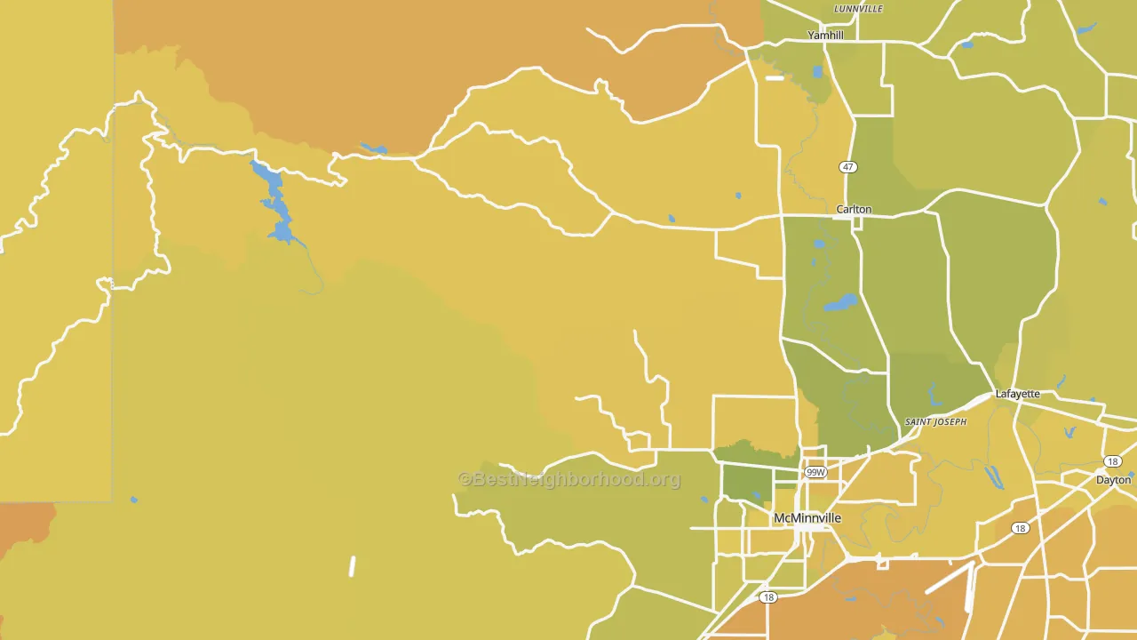 Map of the best neighborhoods in the Midway area, with better matches in green and worse matches in red