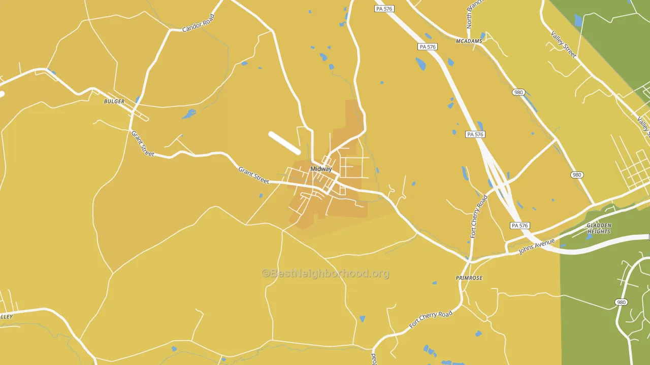 Map of the best neighborhoods in the Midway area, with better matches in green and worse matches in red