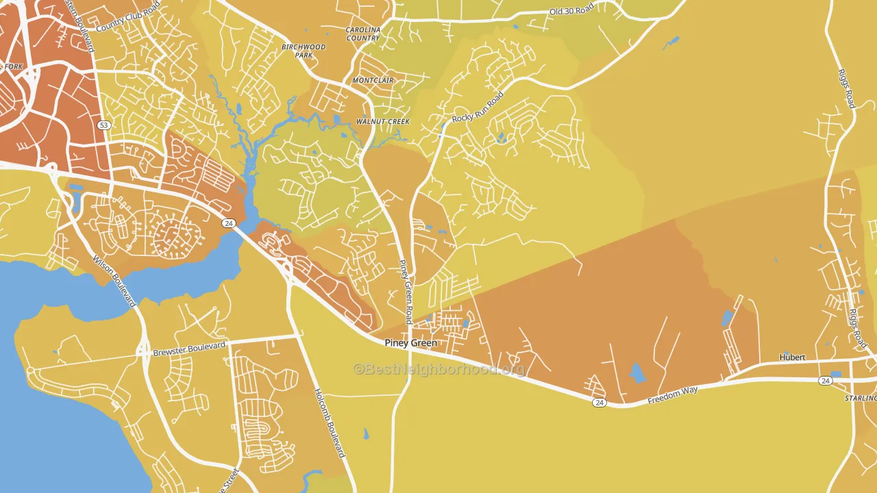 Map of the best neighborhoods in the Midway Park area, with better matches in green and worse matches in red