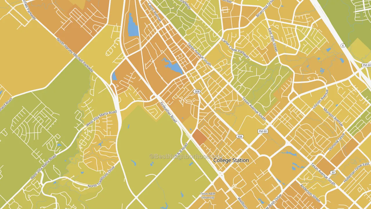 Map of the best neighborhoods in the Midway Place, Bryan area, with better matches in green and worse matches in red