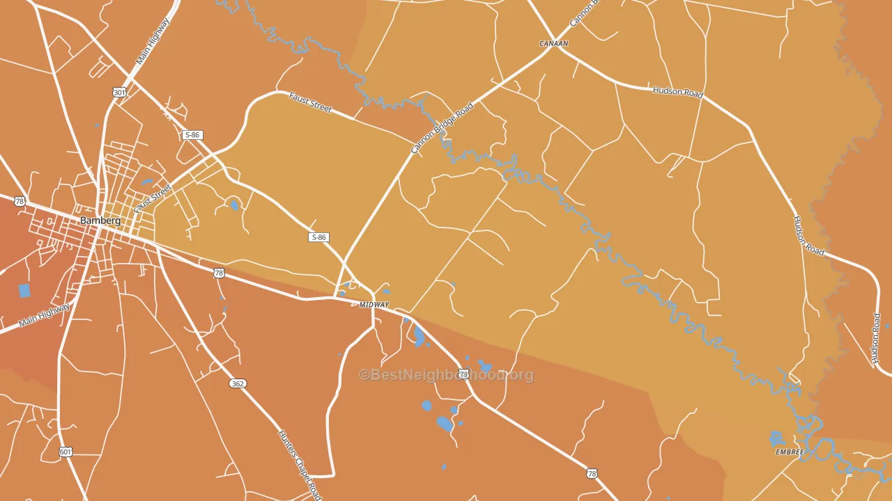 Map of the best neighborhoods in the Midway area, with better matches in green and worse matches in red
