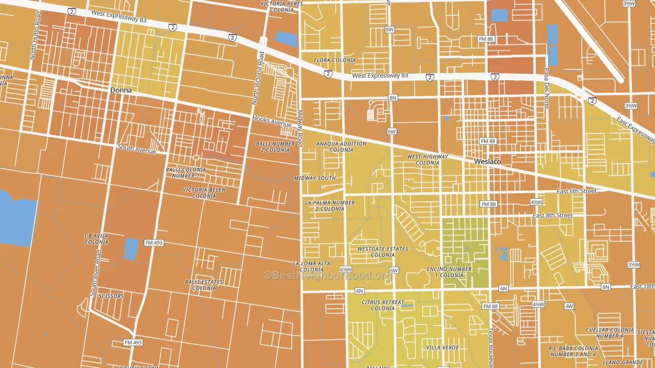 Map of the best neighborhoods in the Midway South area, with better matches in green and worse matches in red
