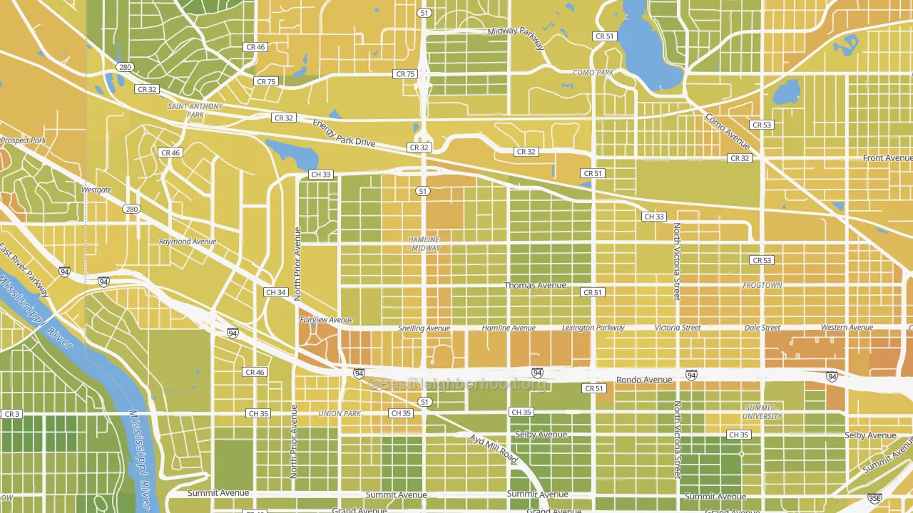 Map of the best neighborhoods in the Midway, St. Paul area, with better matches in green and worse matches in red