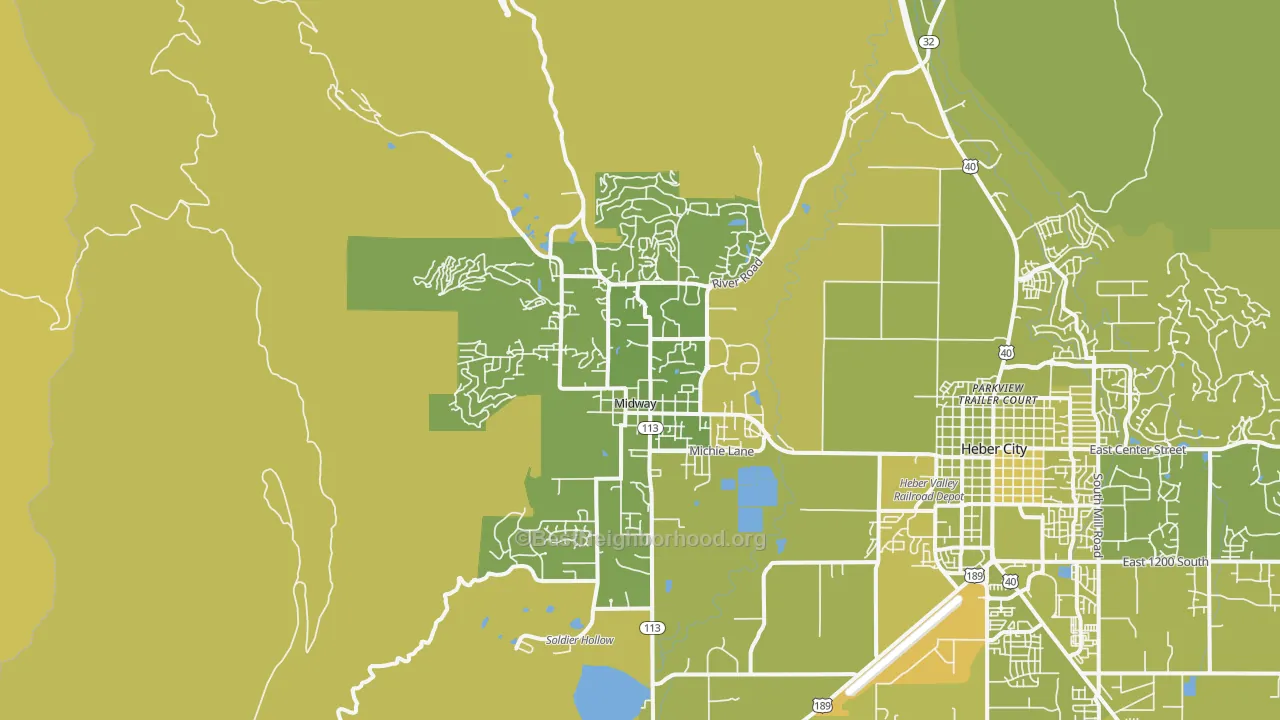 Map of the best neighborhoods in the Midway area, with better matches in green and worse matches in red