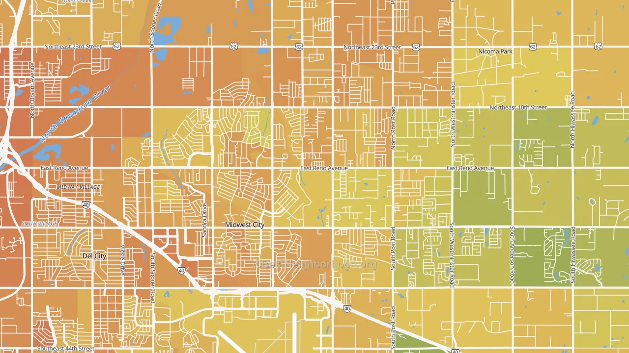 Map of the best neighborhoods in the Midwest City area, with better matches in green and worse matches in red