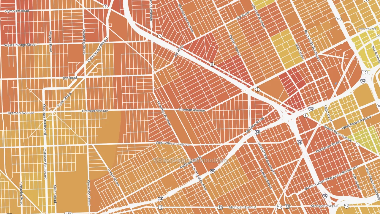 Map of the best neighborhoods in the Midwest, Detroit area, with better matches in green and worse matches in red