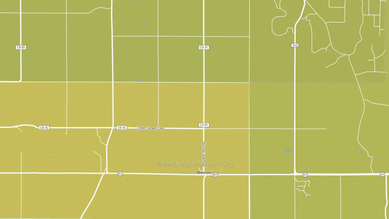 Map of the best neighborhoods in the Miesville area, with better matches in green and worse matches in red