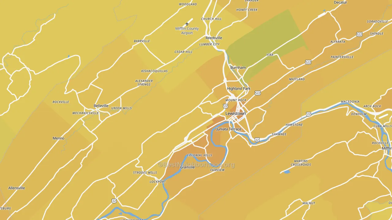 Map of the best neighborhoods in the Mifflin County area, with better matches in green and worse matches in red