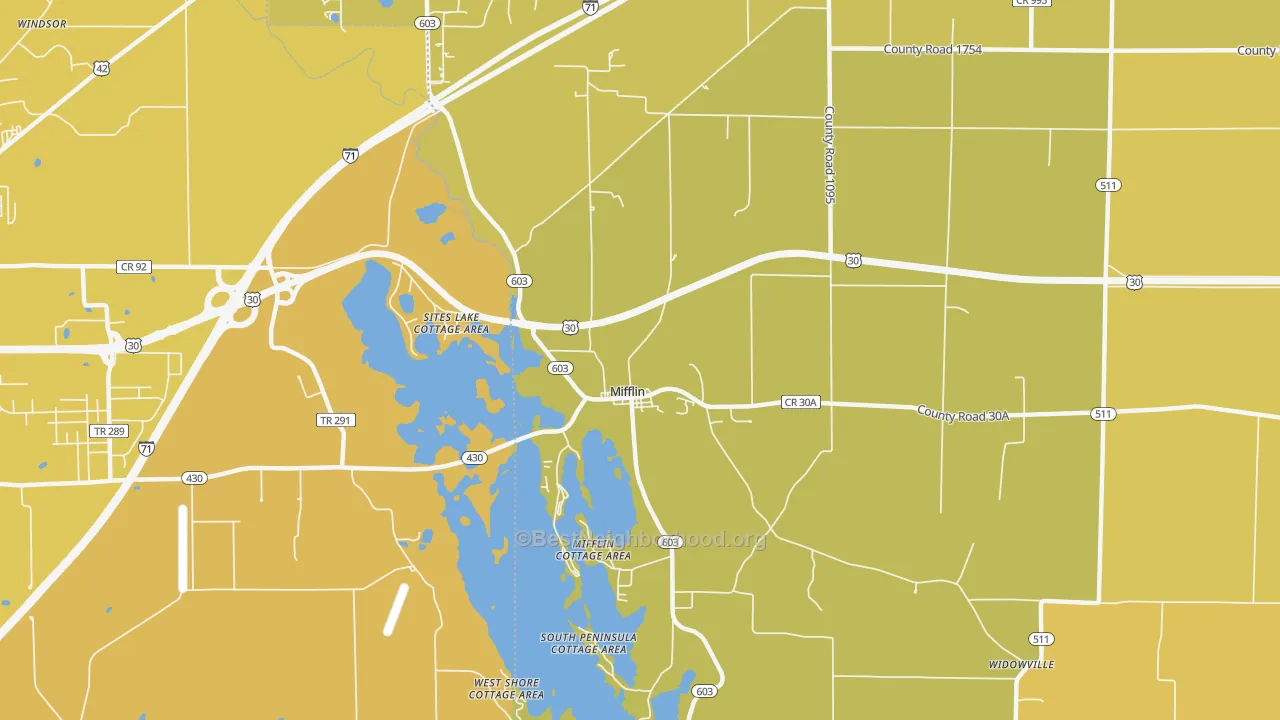 Map of the best neighborhoods in the Mifflin area, with better matches in green and worse matches in red