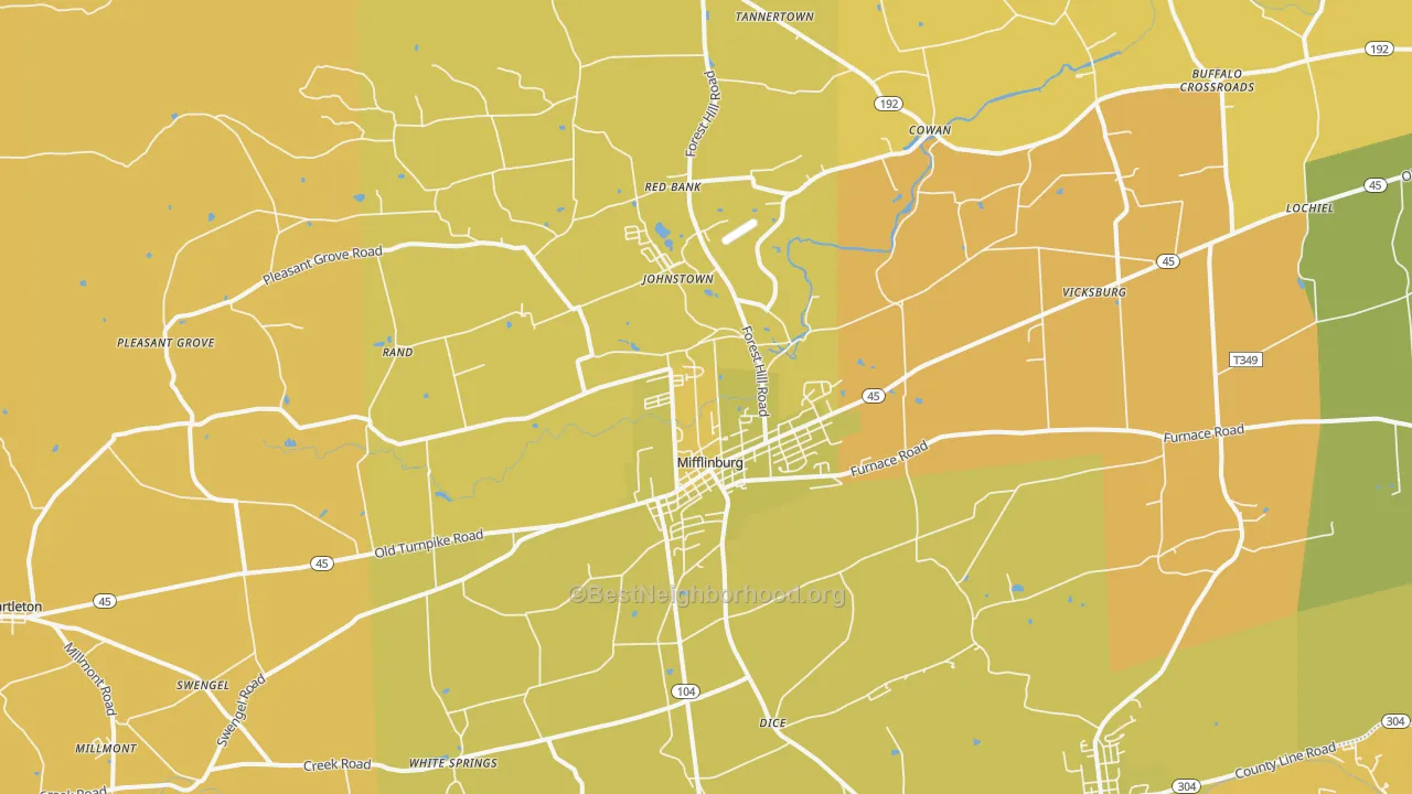 Map of the best neighborhoods in the Mifflinburg area, with better matches in green and worse matches in red