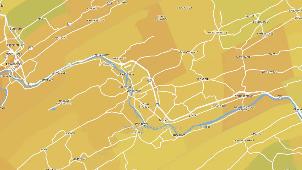 Map of the best neighborhoods in the Mifflintown area, with better matches in green and worse matches in red