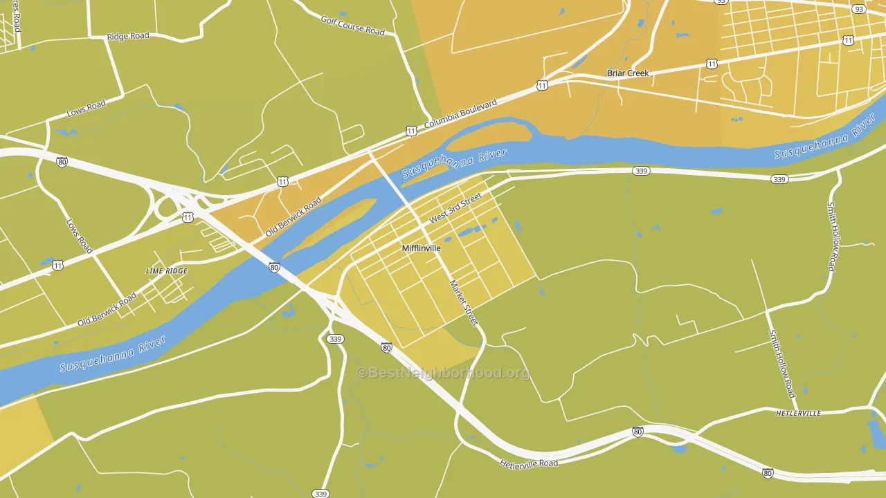 Map of the best neighborhoods in the Mifflinville area, with better matches in green and worse matches in red