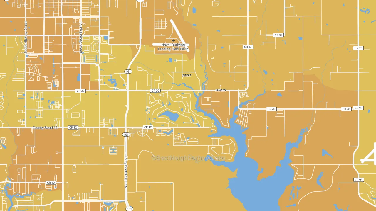 Map of the best neighborhoods in the Miflin area, with better matches in green and worse matches in red