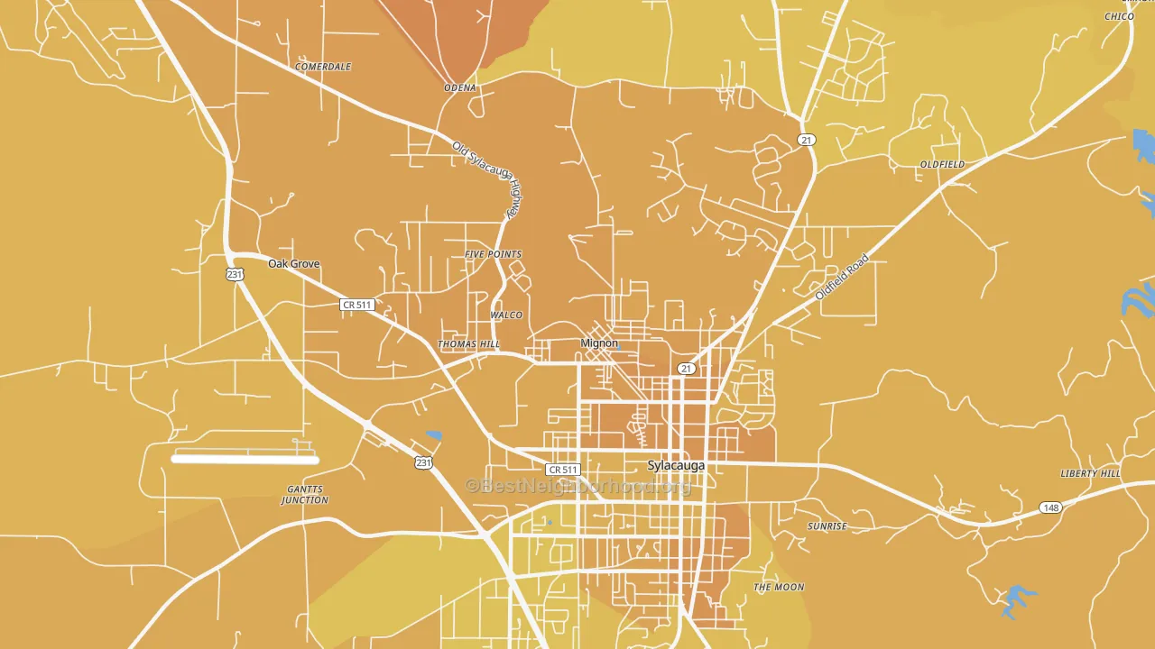 Map of the best neighborhoods in the Mignon area, with better matches in green and worse matches in red