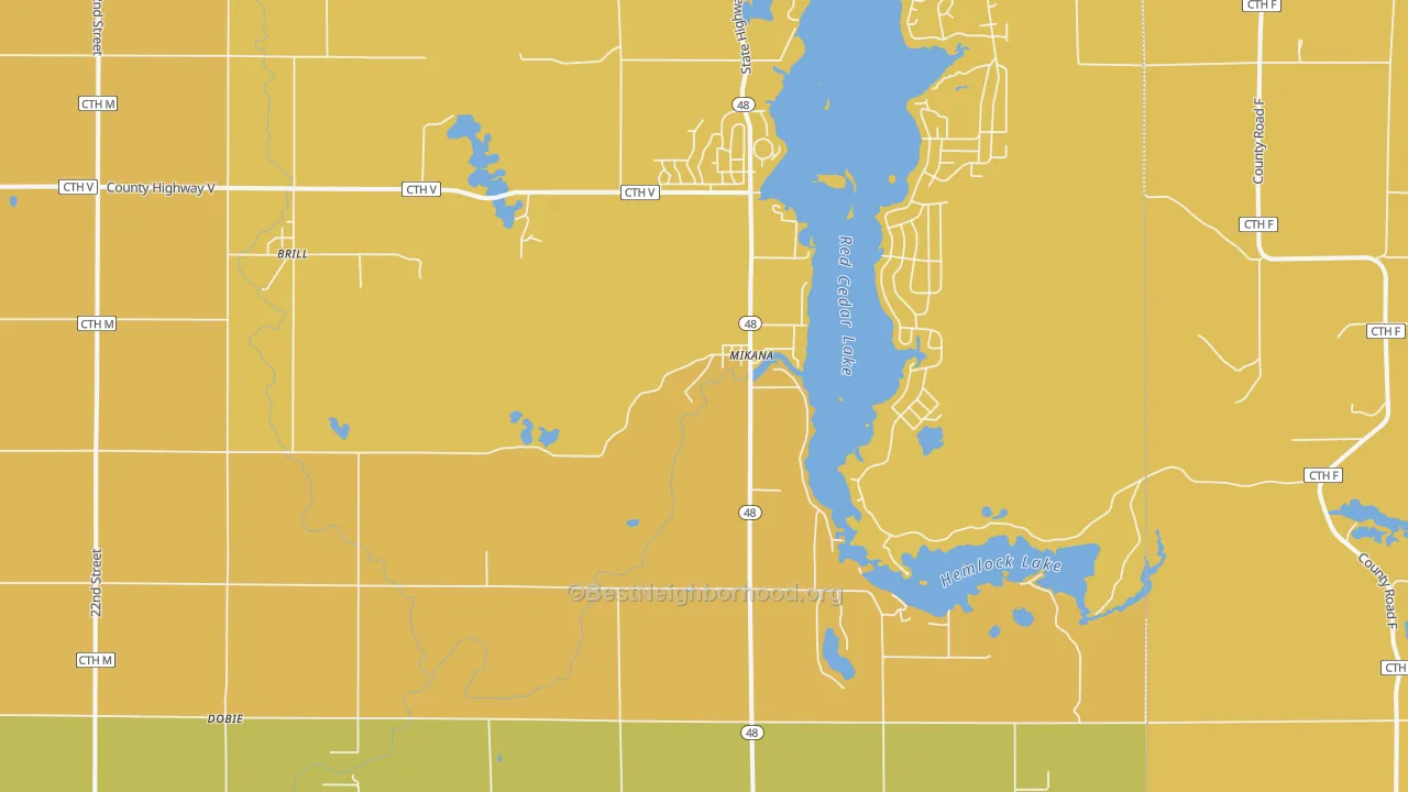 Map of the best neighborhoods in the Mikana area, with better matches in green and worse matches in red