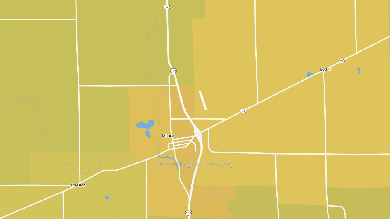 Map of the best neighborhoods in the Milaca area, with better matches in green and worse matches in red