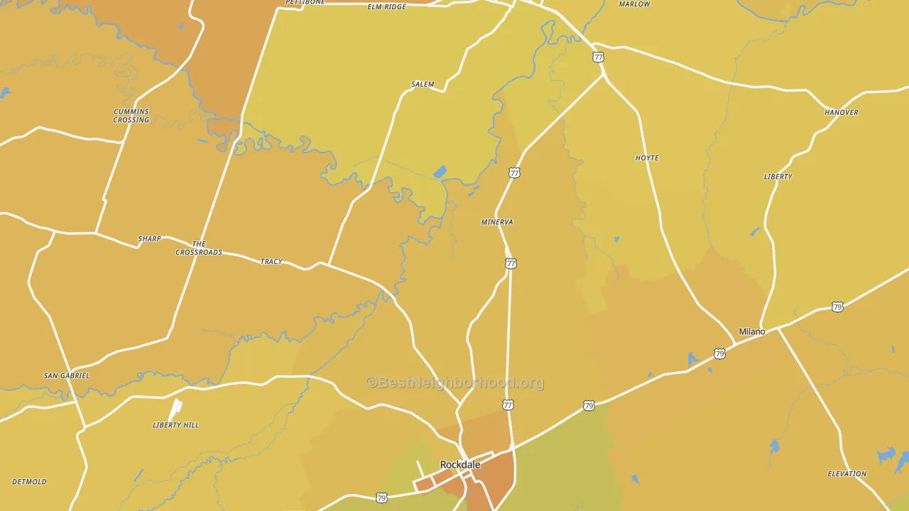 Map of the best neighborhoods in the Milam County area, with better matches in green and worse matches in red