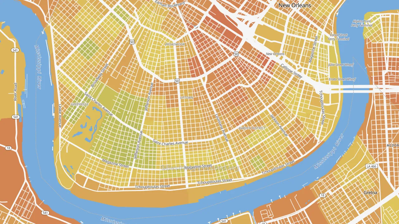 Map of the best neighborhoods in the Milan, New Orleans area, with better matches in green and worse matches in red