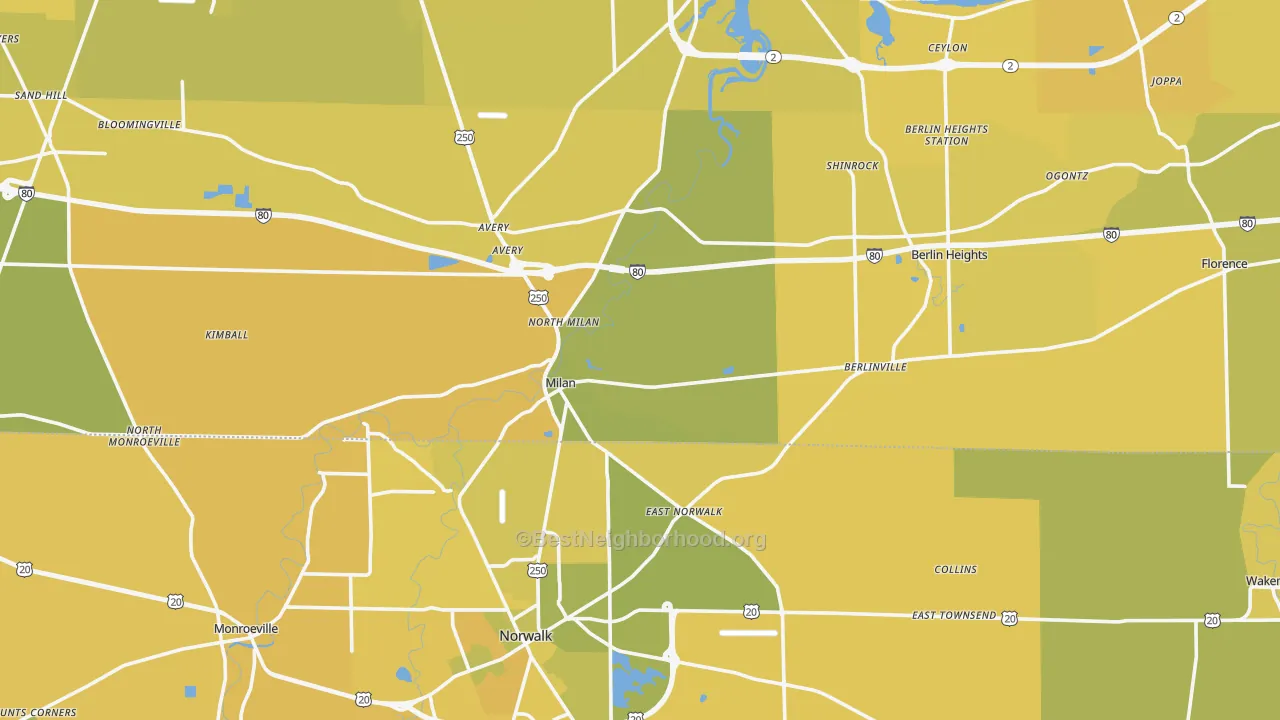 Map of the best neighborhoods in the Milan area, with better matches in green and worse matches in red