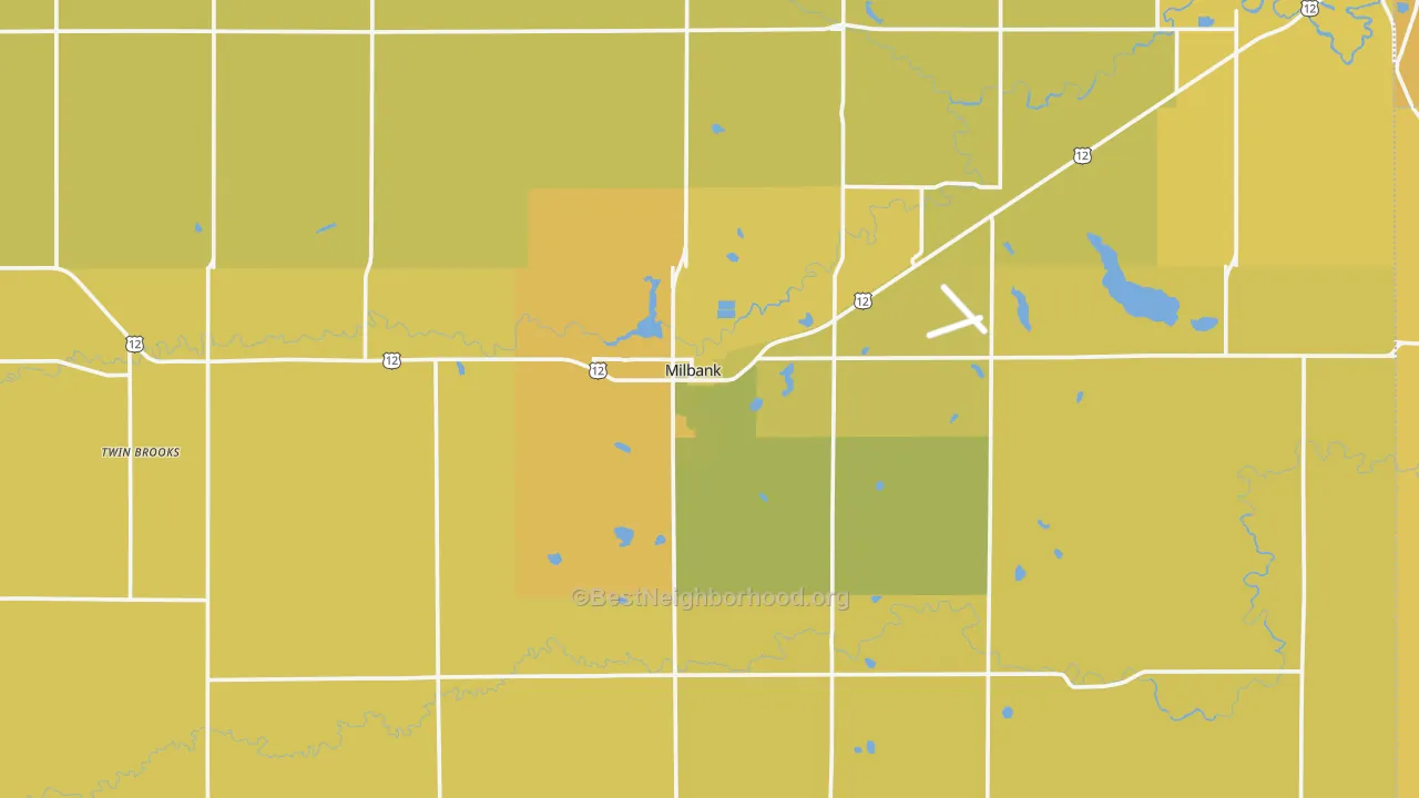 Map of the best neighborhoods in the Milbank area, with better matches in green and worse matches in red