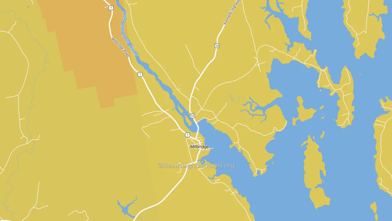 Map of the best neighborhoods in the Milbridge area, with better matches in green and worse matches in red
