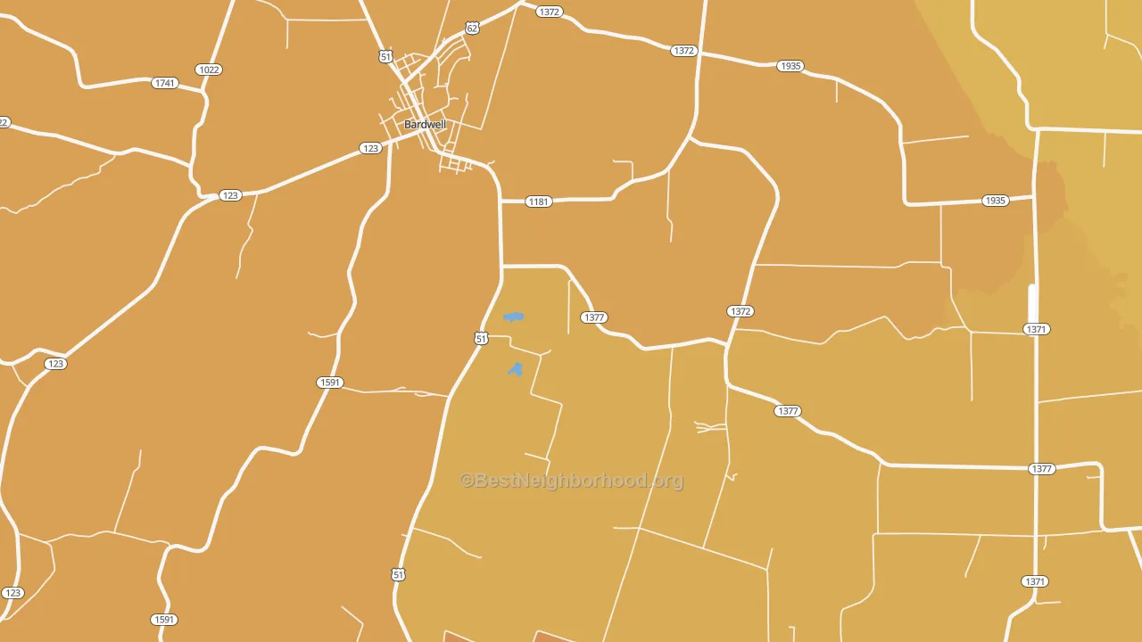 Map of the best neighborhoods in the Milburn area, with better matches in green and worse matches in red