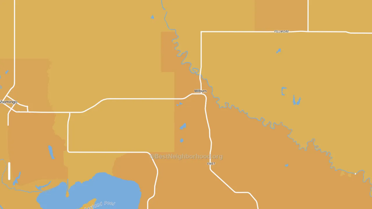 Map of the best neighborhoods in the Milburn area, with better matches in green and worse matches in red