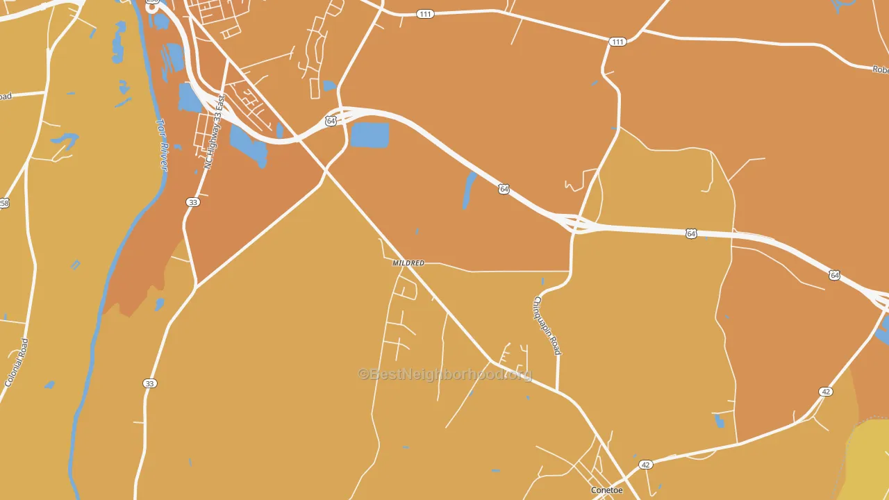 Map of the best neighborhoods in the Mildred area, with better matches in green and worse matches in red