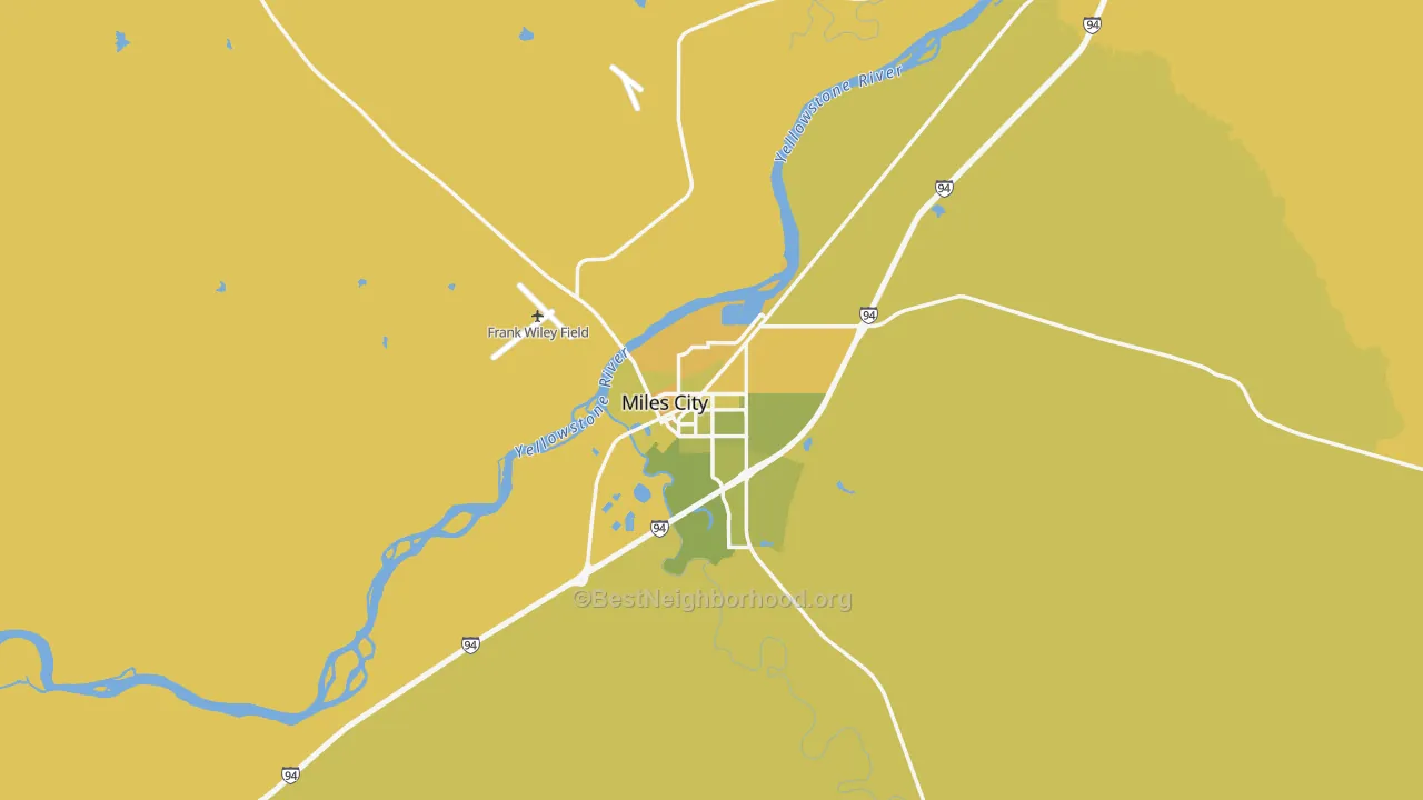 Map of the best neighborhoods in the Miles City area, with better matches in green and worse matches in red