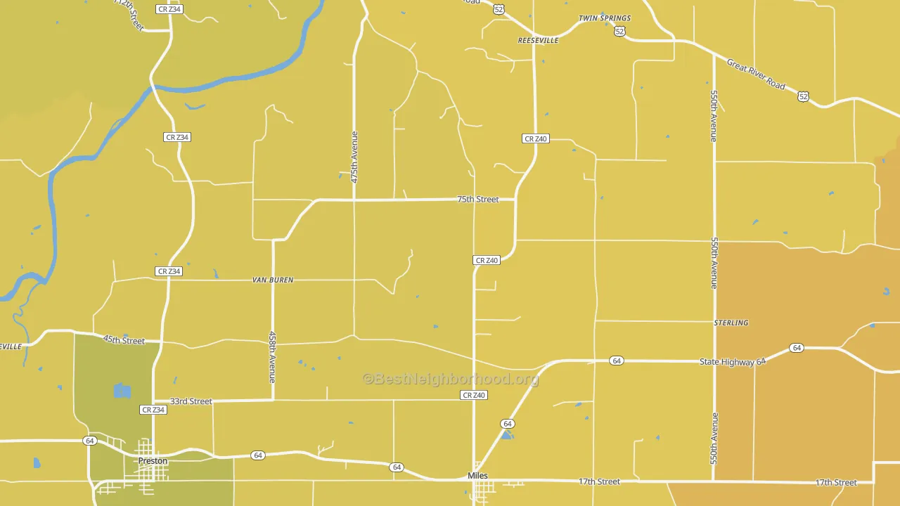 Map of the best neighborhoods in the Miles area, with better matches in green and worse matches in red
