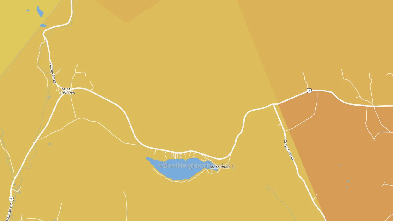 Map of the best neighborhoods in the Miles Pond area, with better matches in green and worse matches in red
