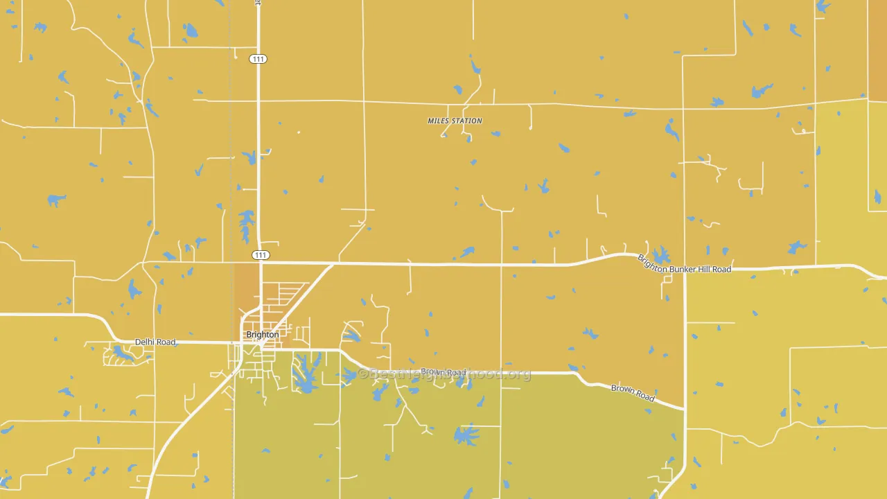 Map of the best neighborhoods in the Miles Station area, with better matches in green and worse matches in red