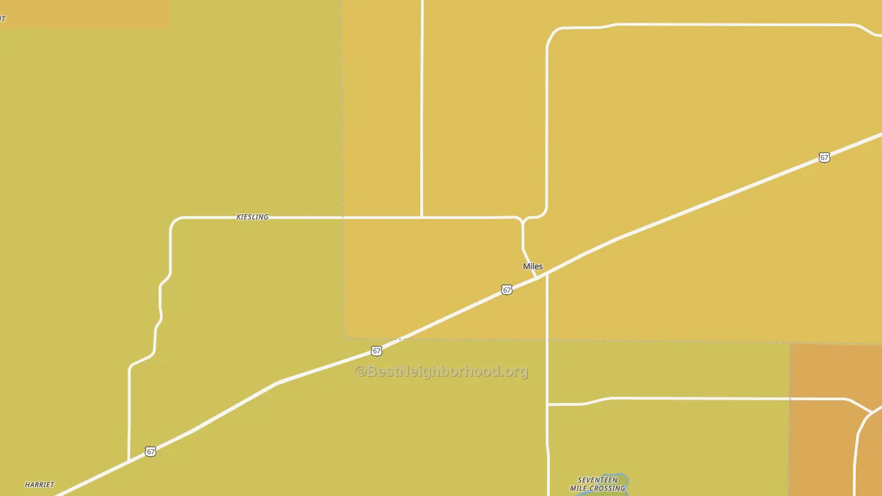 Map of the best neighborhoods in the Miles area, with better matches in green and worse matches in red