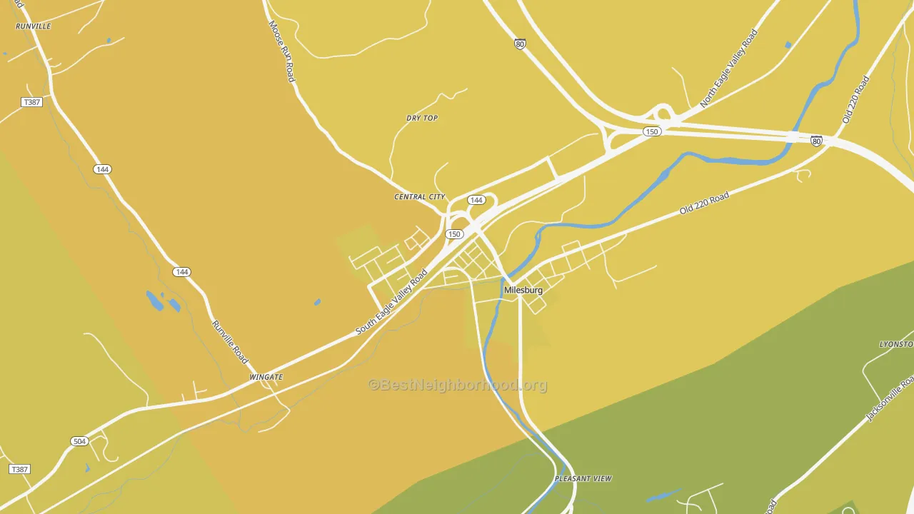 Map of the best neighborhoods in the Milesburg area, with better matches in green and worse matches in red