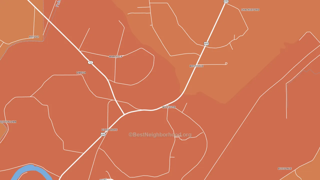 Map of the best neighborhoods in the Mileston area, with better matches in green and worse matches in red