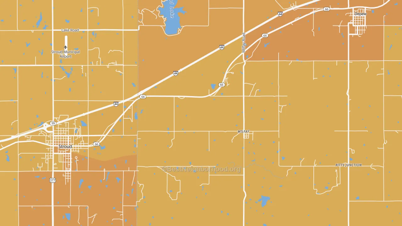 Map of the best neighborhoods in the Milfay area, with better matches in green and worse matches in red