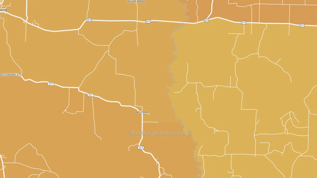 Map of the best neighborhoods in the Milford area, with better matches in green and worse matches in red