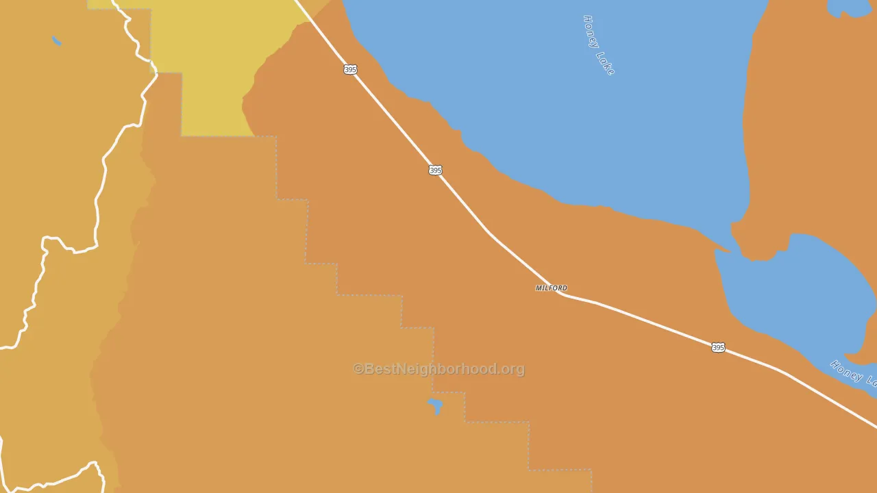 Map of the best neighborhoods in the Milford area, with better matches in green and worse matches in red