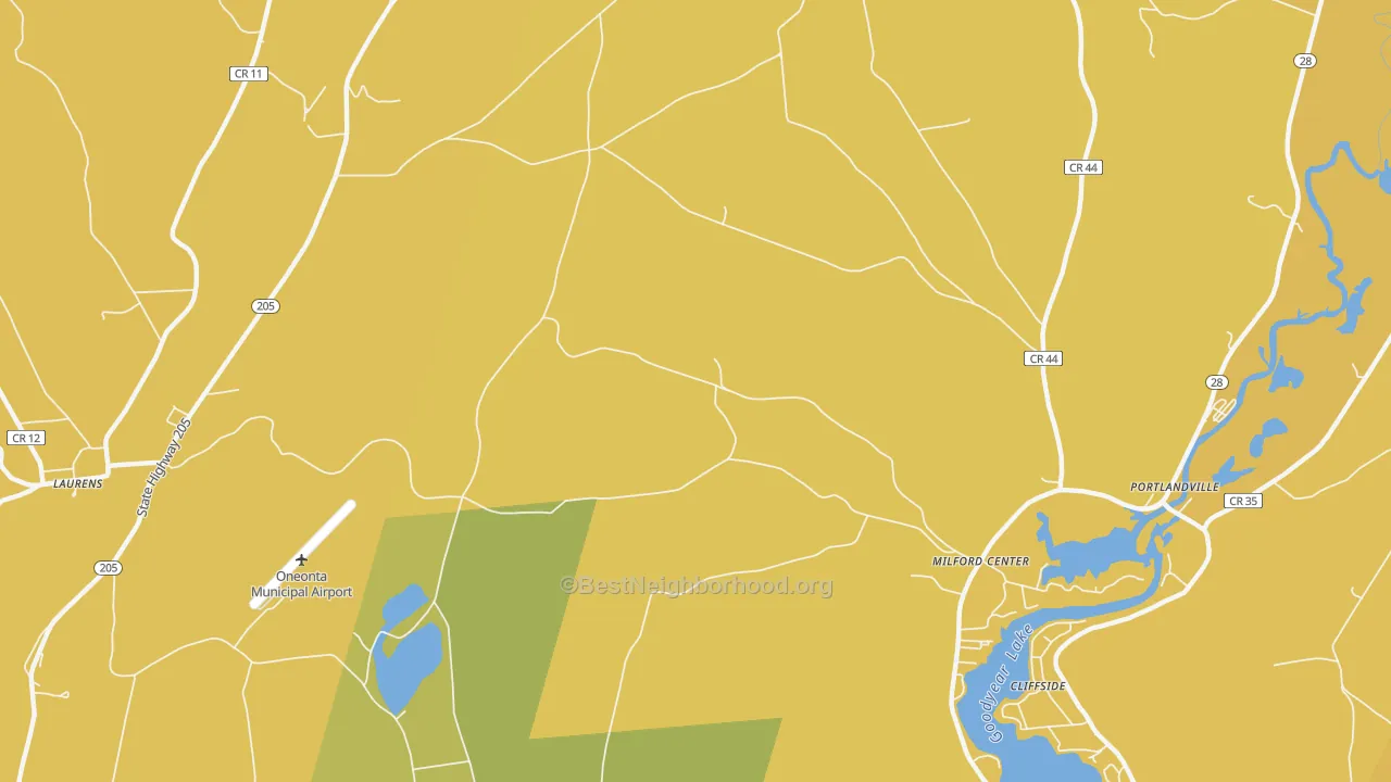 Map of the best neighborhoods in the Milford Center area, with better matches in green and worse matches in red