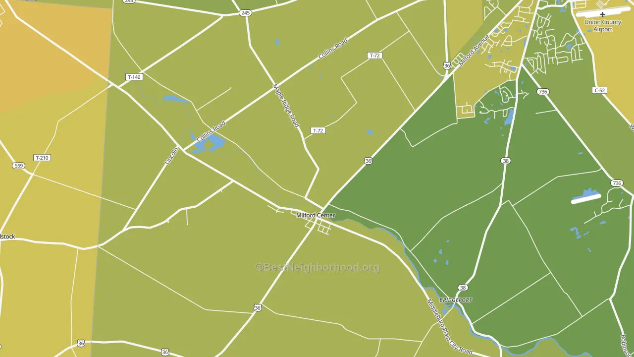 Map of the best neighborhoods in the Milford Center area, with better matches in green and worse matches in red