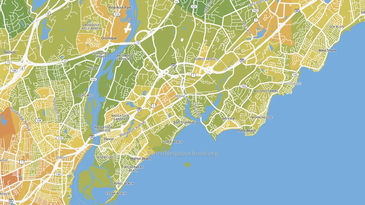 Map of the best neighborhoods in the Milford area, with better matches in green and worse matches in red