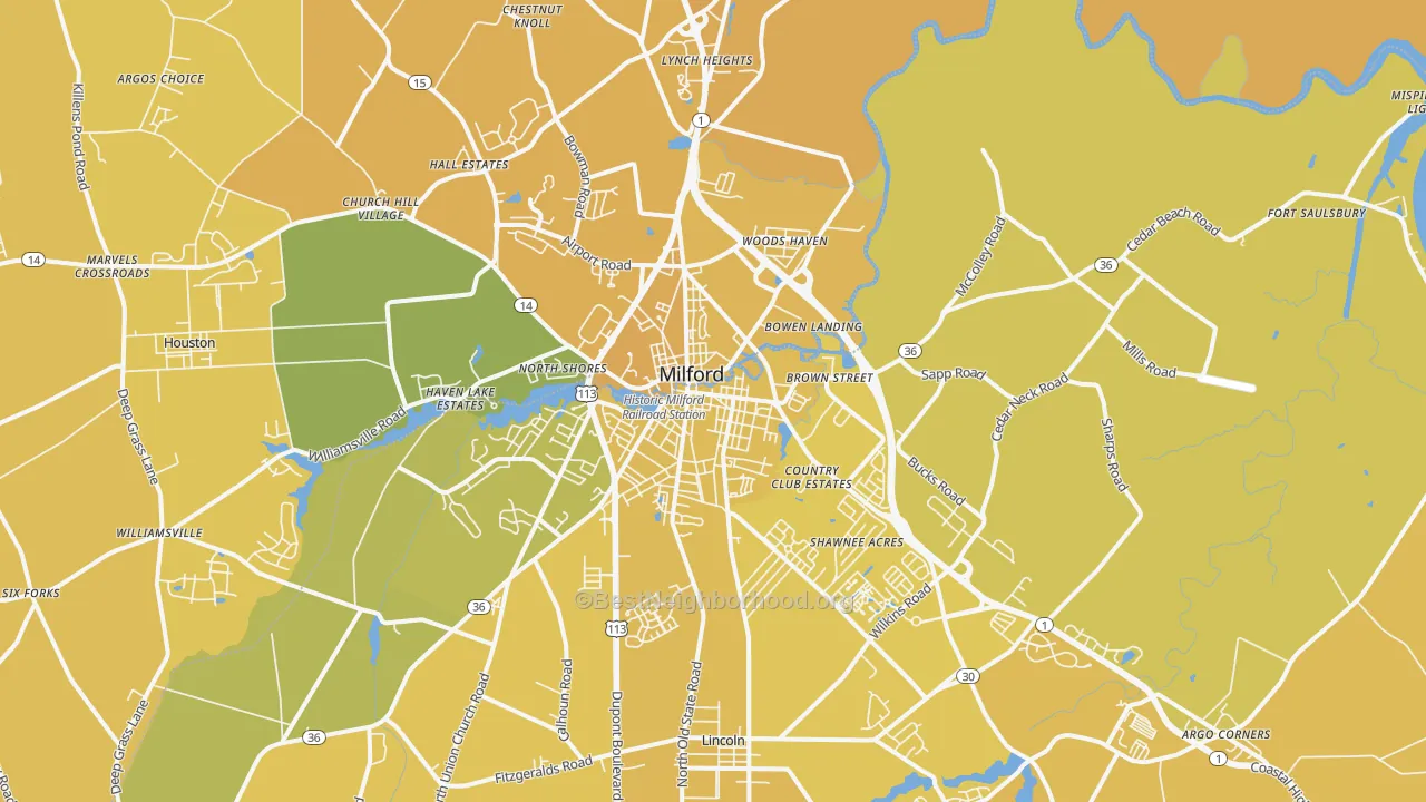 Map of the best neighborhoods in the Milford area, with better matches in green and worse matches in red