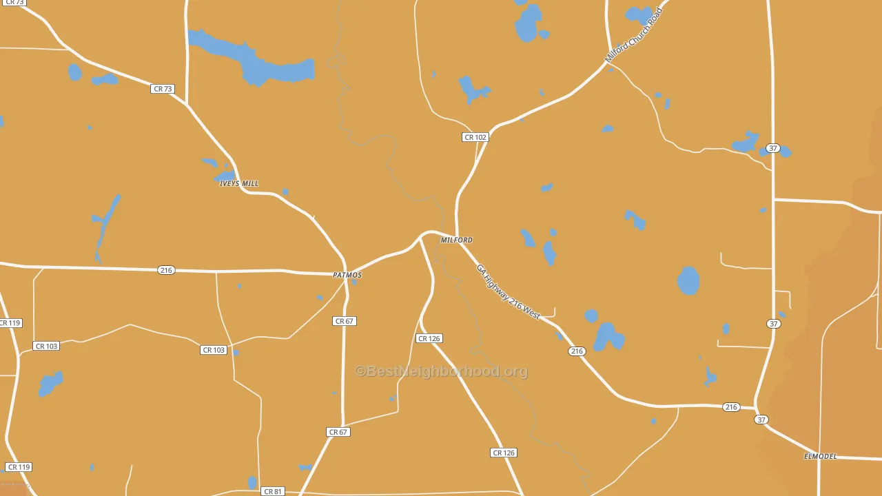 Map of the best neighborhoods in the Milford area, with better matches in green and worse matches in red
